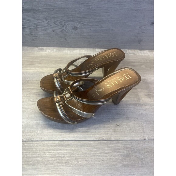 ITALIAN Shoemakers 7.5 Carved Out Wooden Heels Gold Bronze - Picture 2 of 14